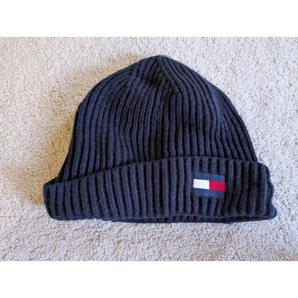 Tommy Hilfiger Cuffed Knit Beanie Hat Navy w/ Iconic Flag Logo, Warm